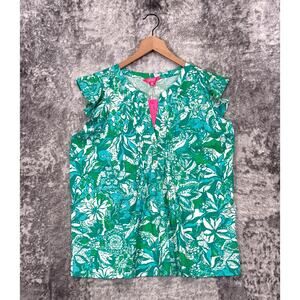 New Lilly Pulitzer Top XL Women Safari Sangria Green Floral Cotton Jersey Ruffle